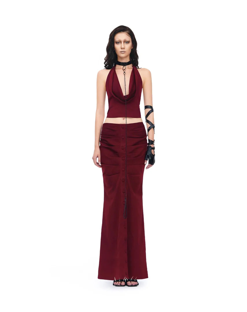 LINISS CRIMSON BUTTON SKIRT