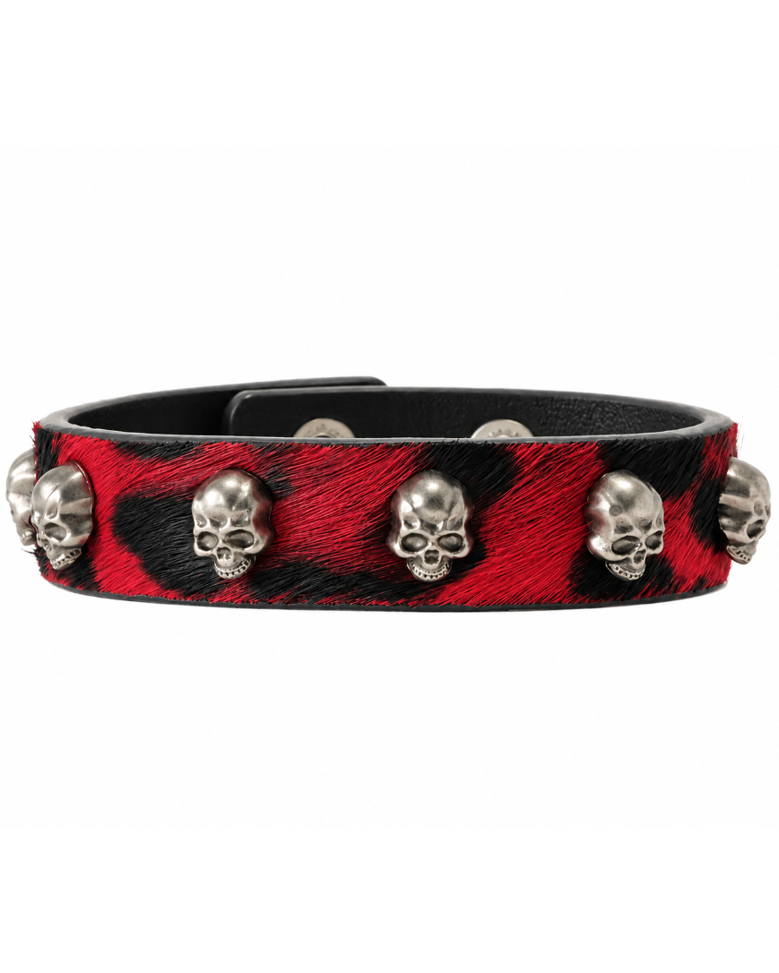 RICEWANG Genuine Leather Horsehair Skull Bracelet - Red Leopard Print