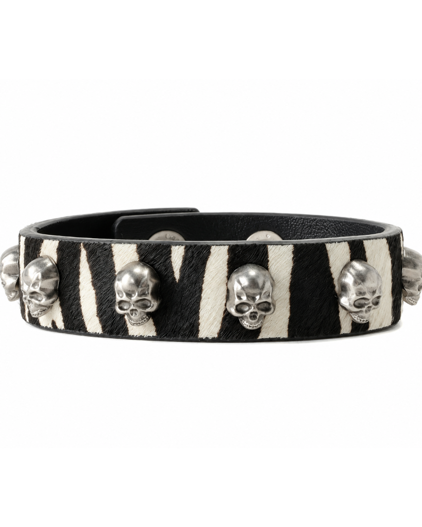 RICEWANG Genuine Leather Horsehair Skull Bracelet - Black/White Zebra