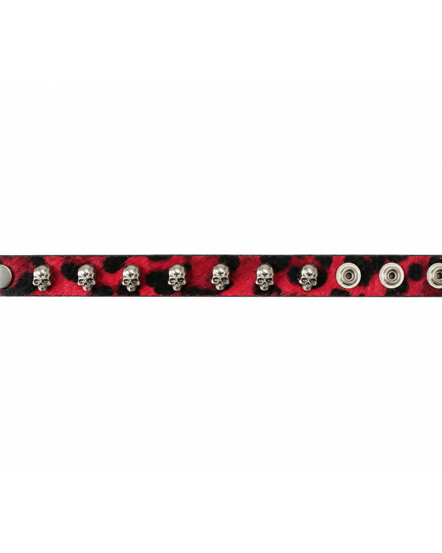 RICEWANG Genuine Leather Horsehair Skull Bracelet - Red Leopard Print