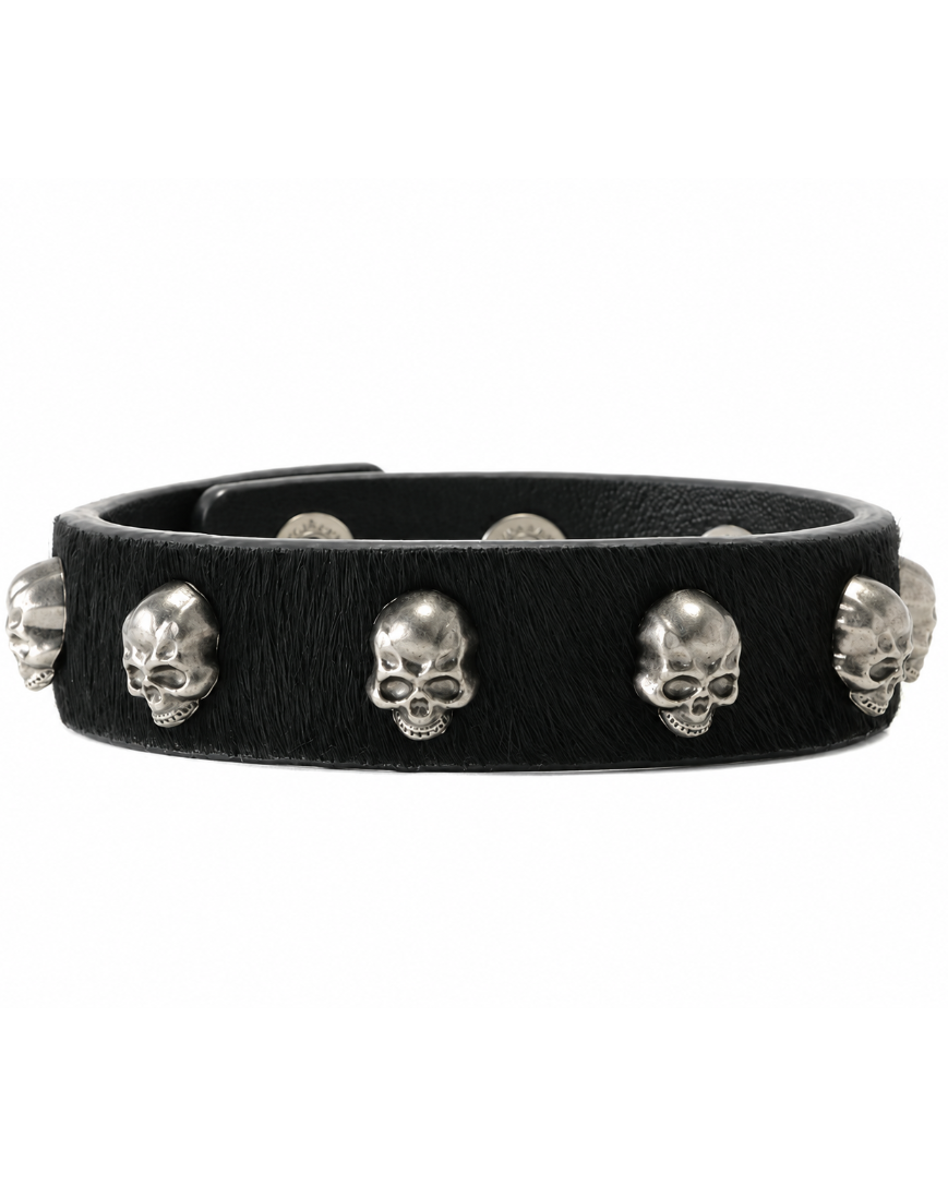 RICEWANG Genuine Leather Horsehair Skull Bracelet - Black