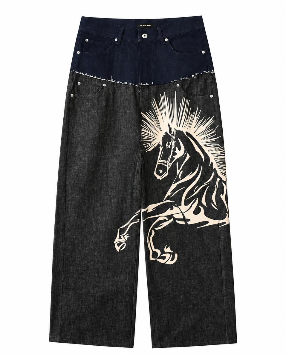 RICEWANG Double-Waist Mohawk Punk Rock Denim Jodhpurs