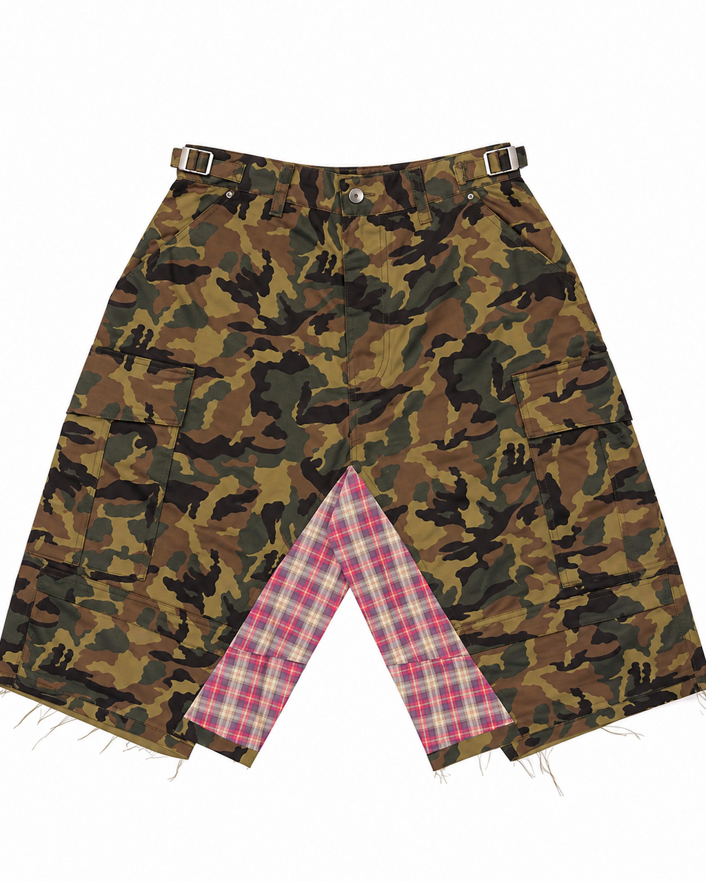 RICEWANG Camo Plaid Panel Skull 3/4 Shorts - Green