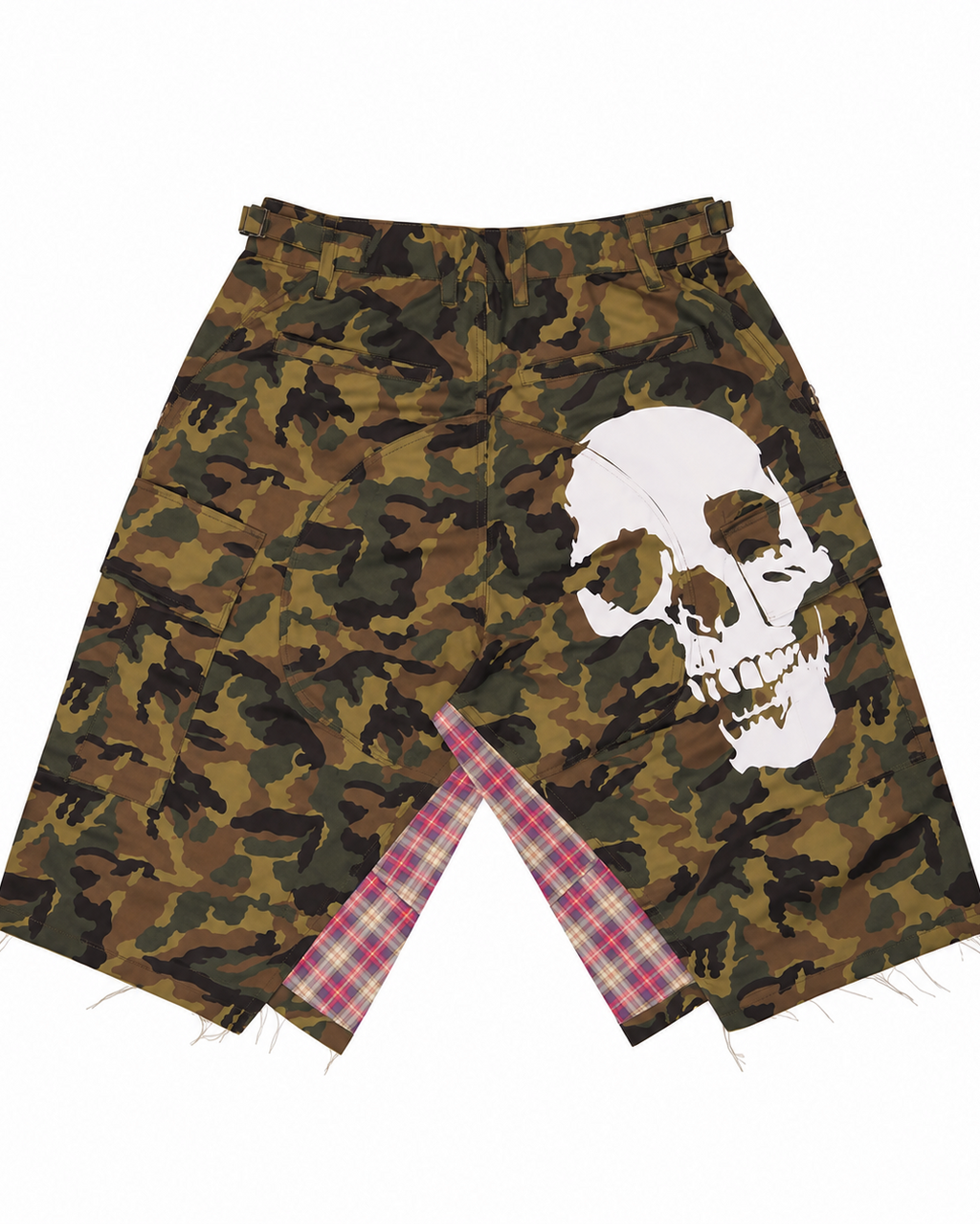 RICEWANG Camo Plaid Panel Skull 3/4 Shorts - Green