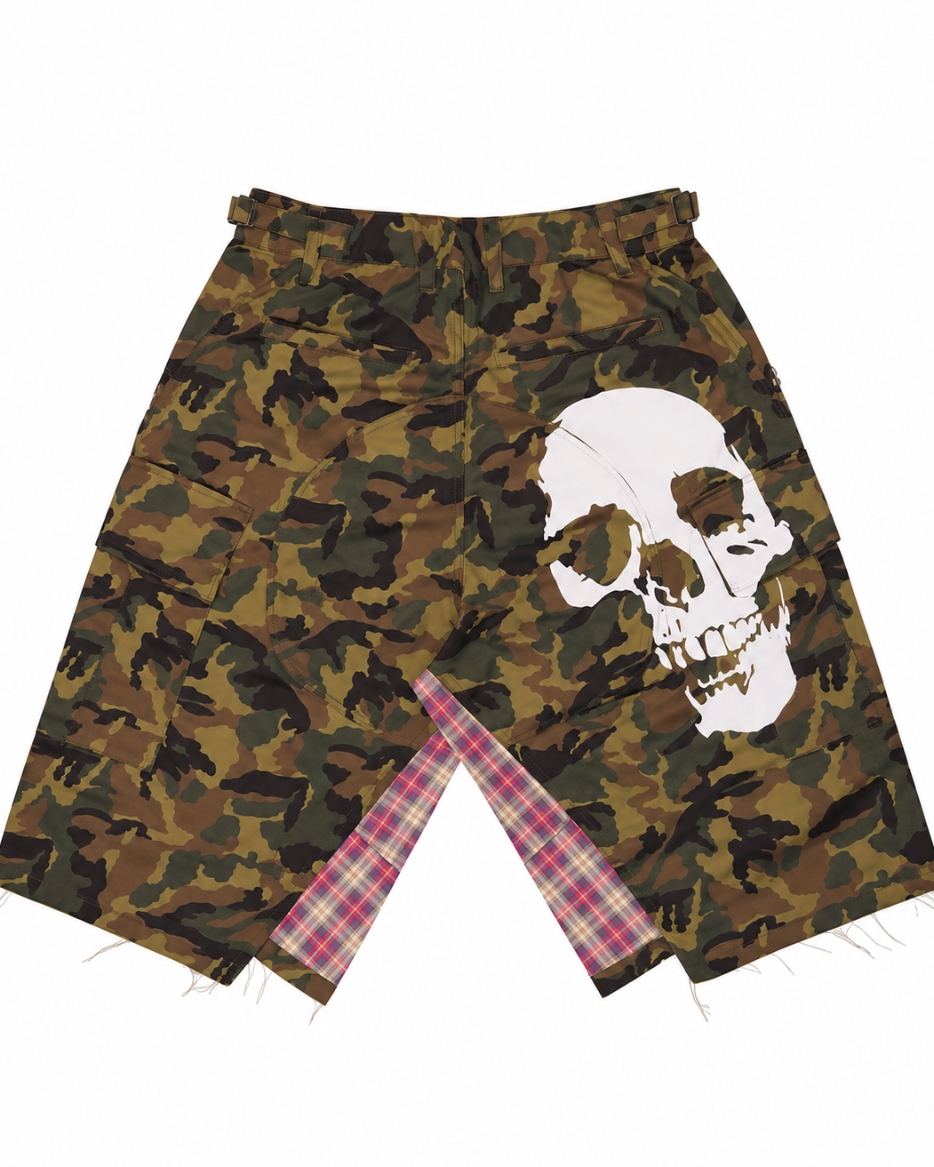 RICEWANG Camo Plaid Panel Skull 3/4 Shorts - Green