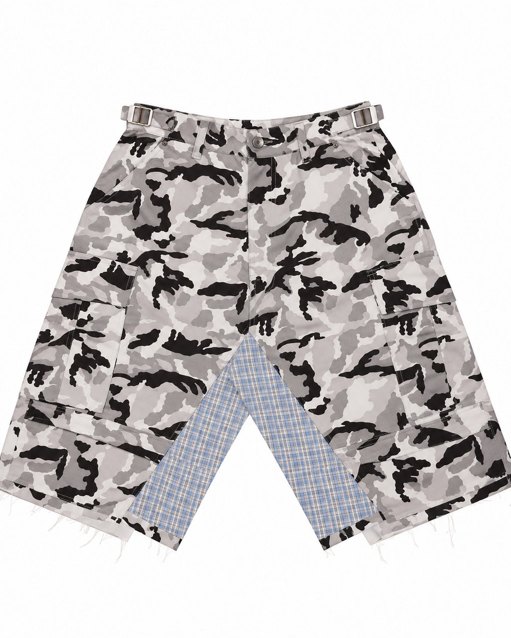 RICEWANG Camo Plaid Panel Skull 3/4 Shorts - White