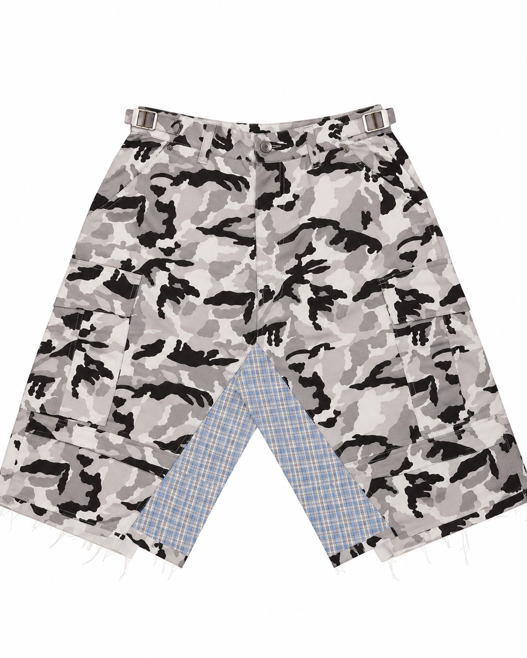 RICEWANG Camo Plaid Panel Skull 3/4 Shorts - White