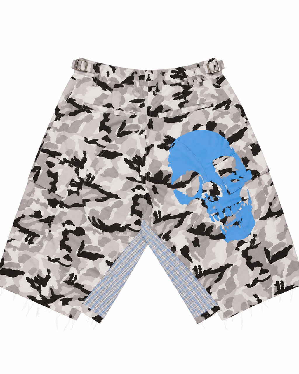 RICEWANG Camo Plaid Panel Skull 3/4 Shorts - White