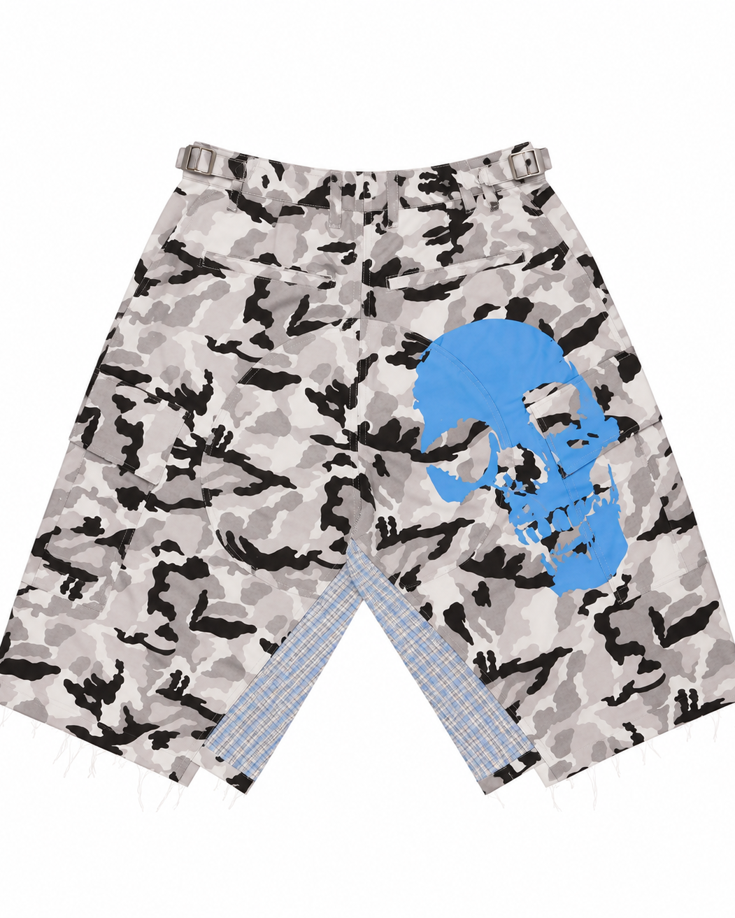 RICEWANG Camo Plaid Panel Skull 3/4 Shorts - White