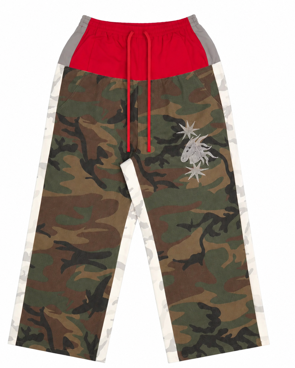 RICEWANG Red Double-Waist Camo Panel Pants