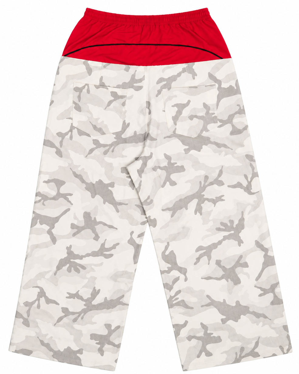 RICEWANG Red Double-Waist Camo Panel Pants