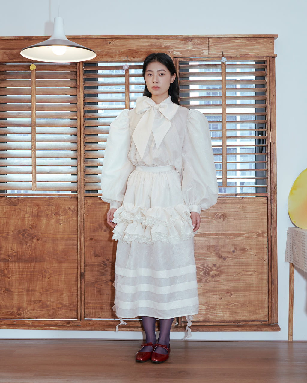 Kittie Yiyi Lamp Ruffles Pleated Flare Midi Skirt - Light Beige