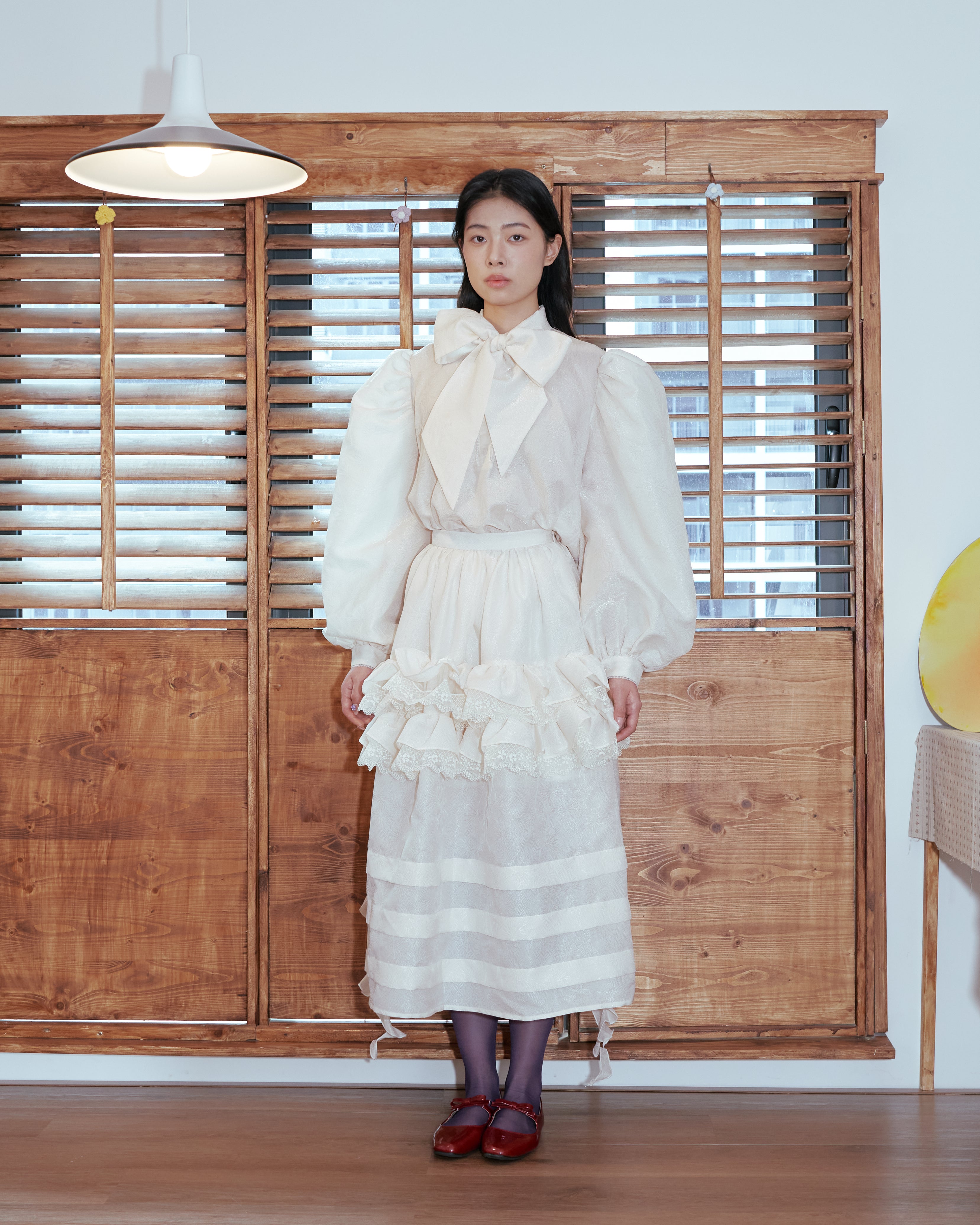 Kittie Yiyi Lamp Ruffles Pleated Flare Midi Skirt - Light Beige