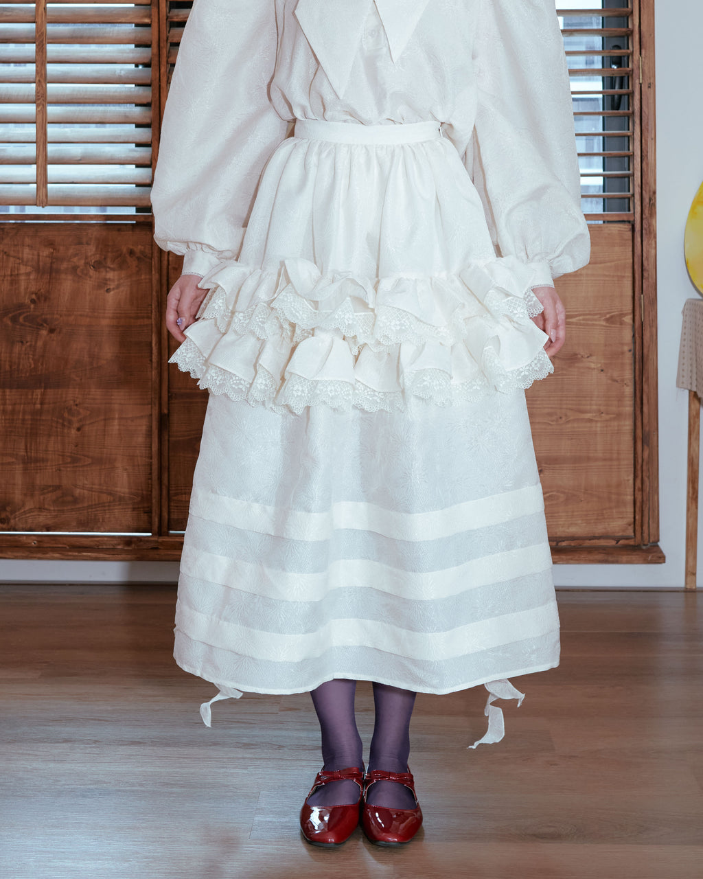 Kittie Yiyi Lamp Ruffles Pleated Flare Midi Skirt - Light Beige