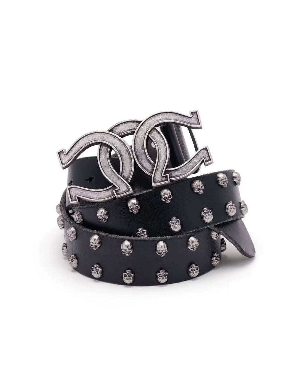 RICEWANG Triple-Ring Horseshoe Skull Antique Silver Top-Grain Leather Belt - Black