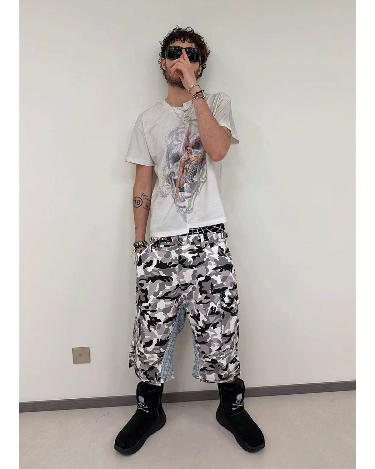 RICEWANG Camo Plaid Panel Skull 3/4 Shorts - White