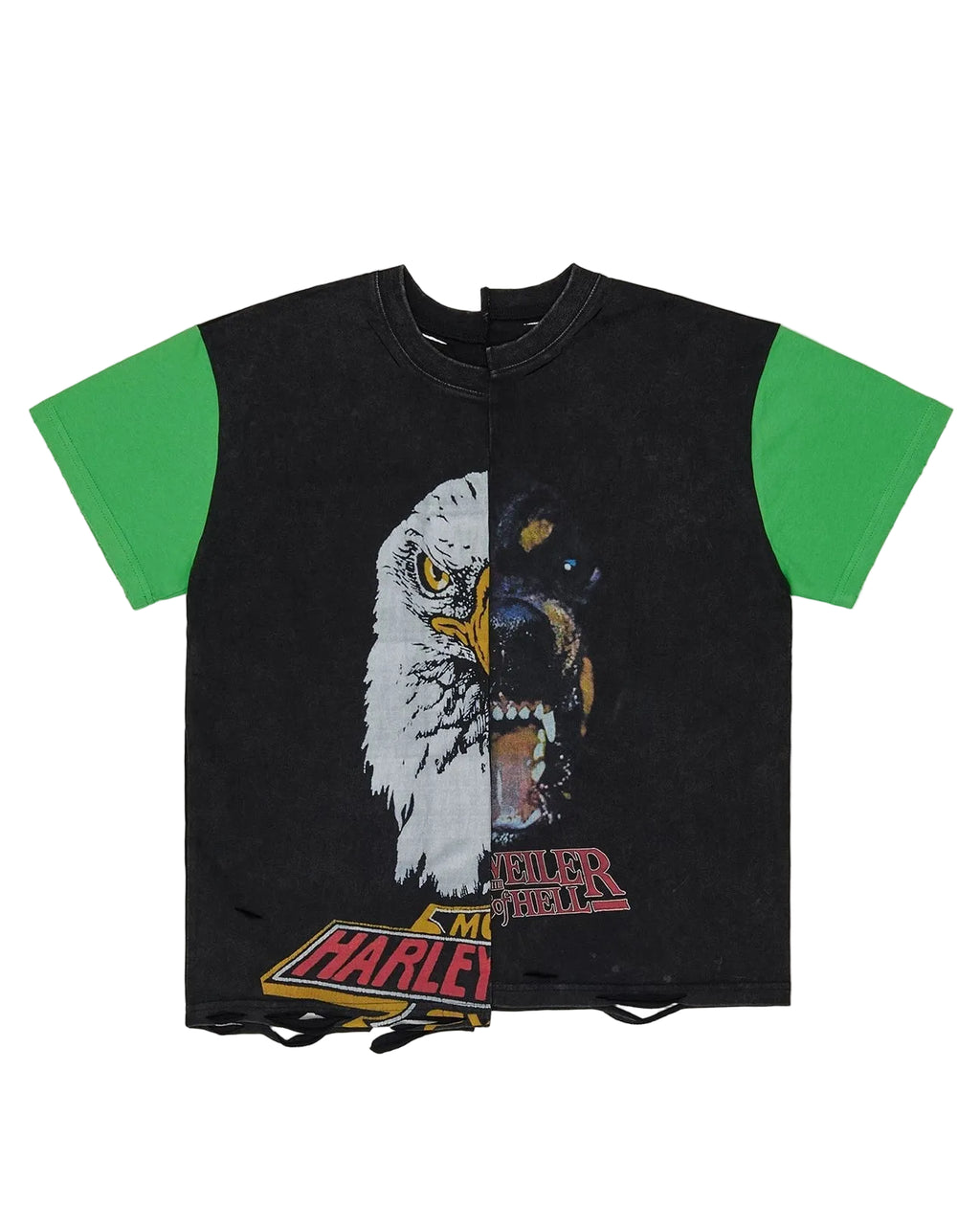 RICEWANG Asymmetric Misaligned Black/Green Panel Distressed Graphic T-Shirt