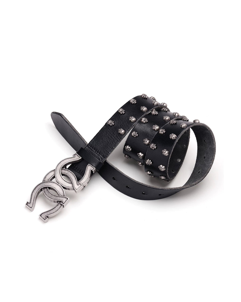 RICEWANG Triple-Ring Horseshoe Skull Antique Silver Top-Grain Leather Belt - Black