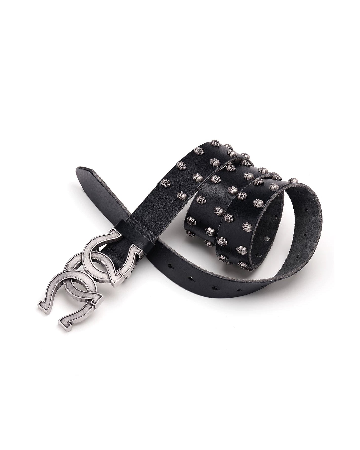 RICEWANG Triple-Ring Horseshoe Skull Antique Silver Top-Grain Leather Belt - Black