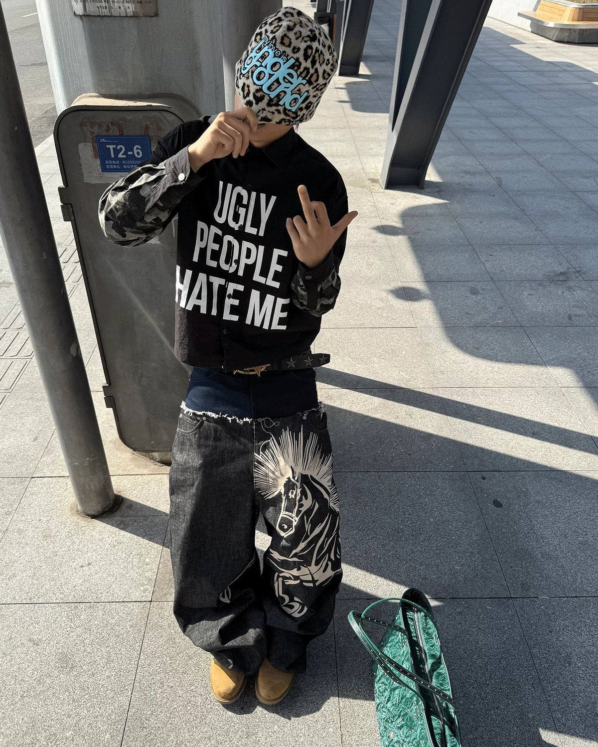 RICEWANG Double-Waist Mohawk Punk Rock Denim Jodhpurs