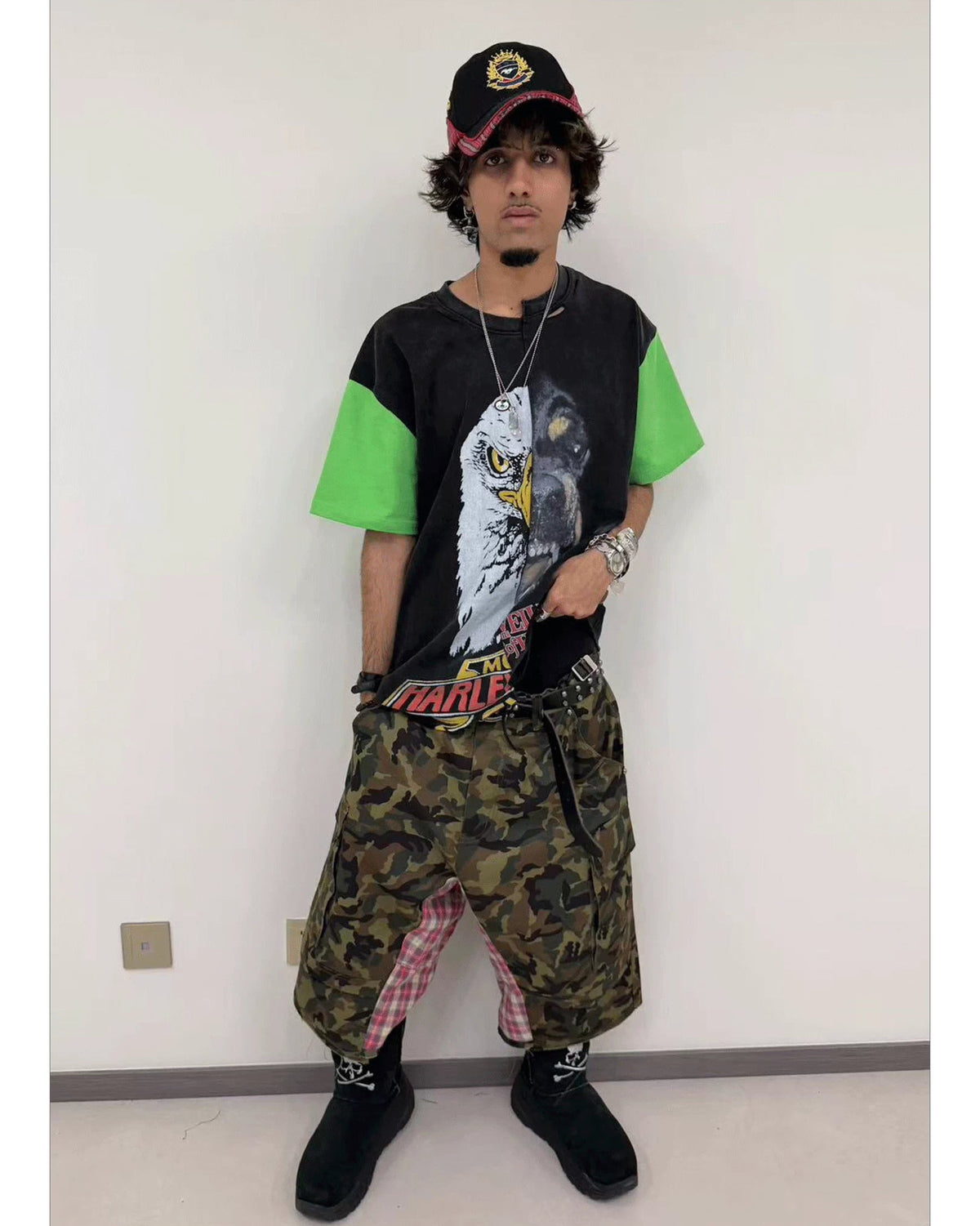 RICEWANG Camo Plaid Panel Skull 3/4 Shorts - Green