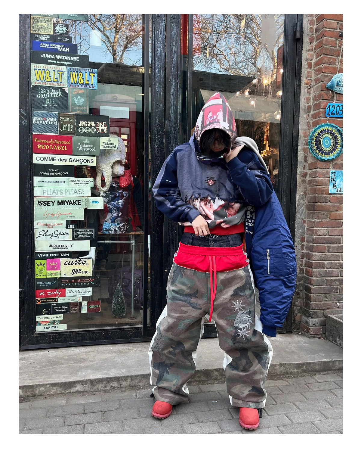 RICEWANG Red Double-Waist Camo Panel Pants