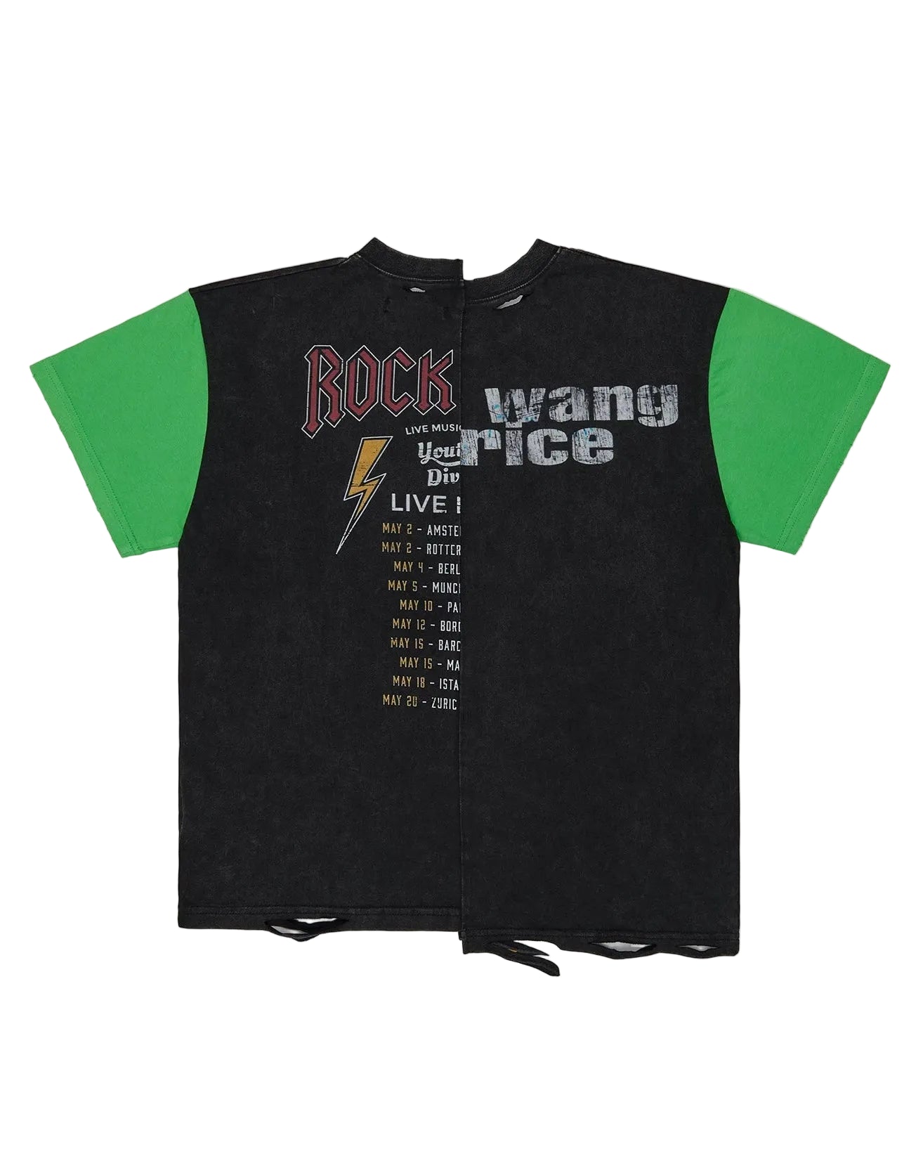 RICEWANG Asymmetric Misaligned Black/Green Panel Distressed Graphic T-Shirt