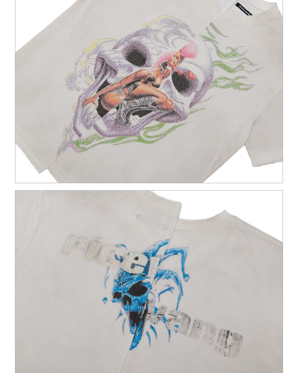 RICEWANG Asymmetric Misaligned Panel Distressed Graphic T-Shirt