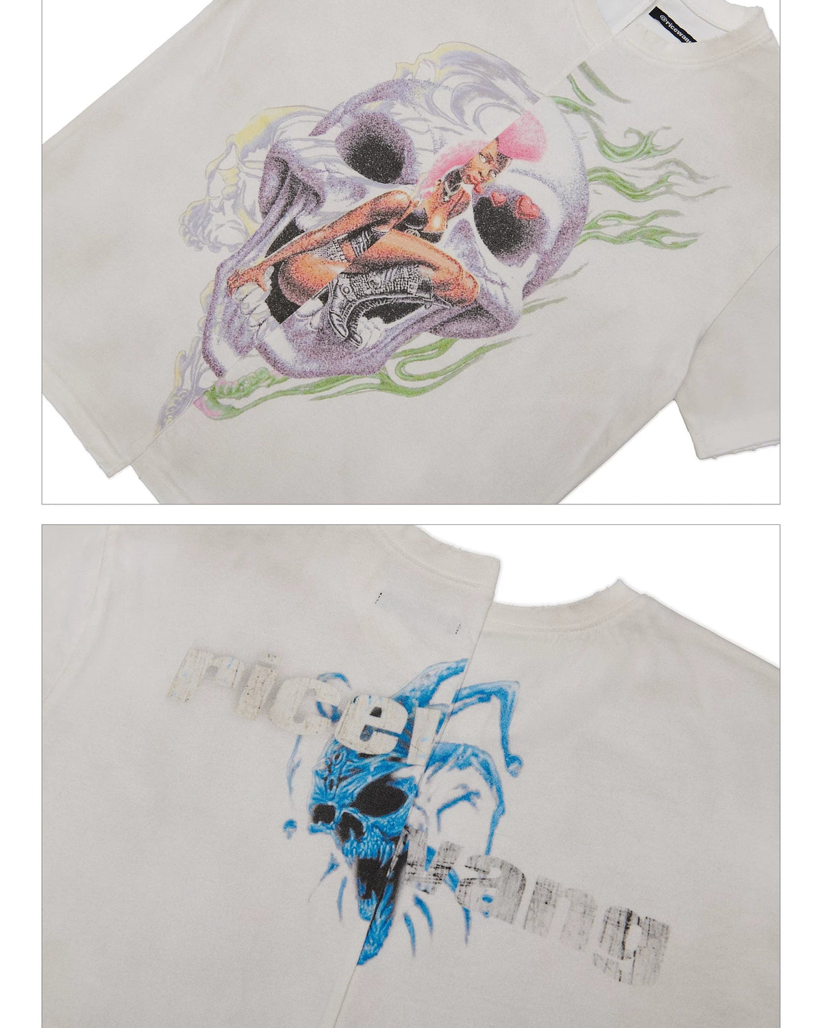 RICEWANG Asymmetric Misaligned Panel Distressed Graphic T-Shirt