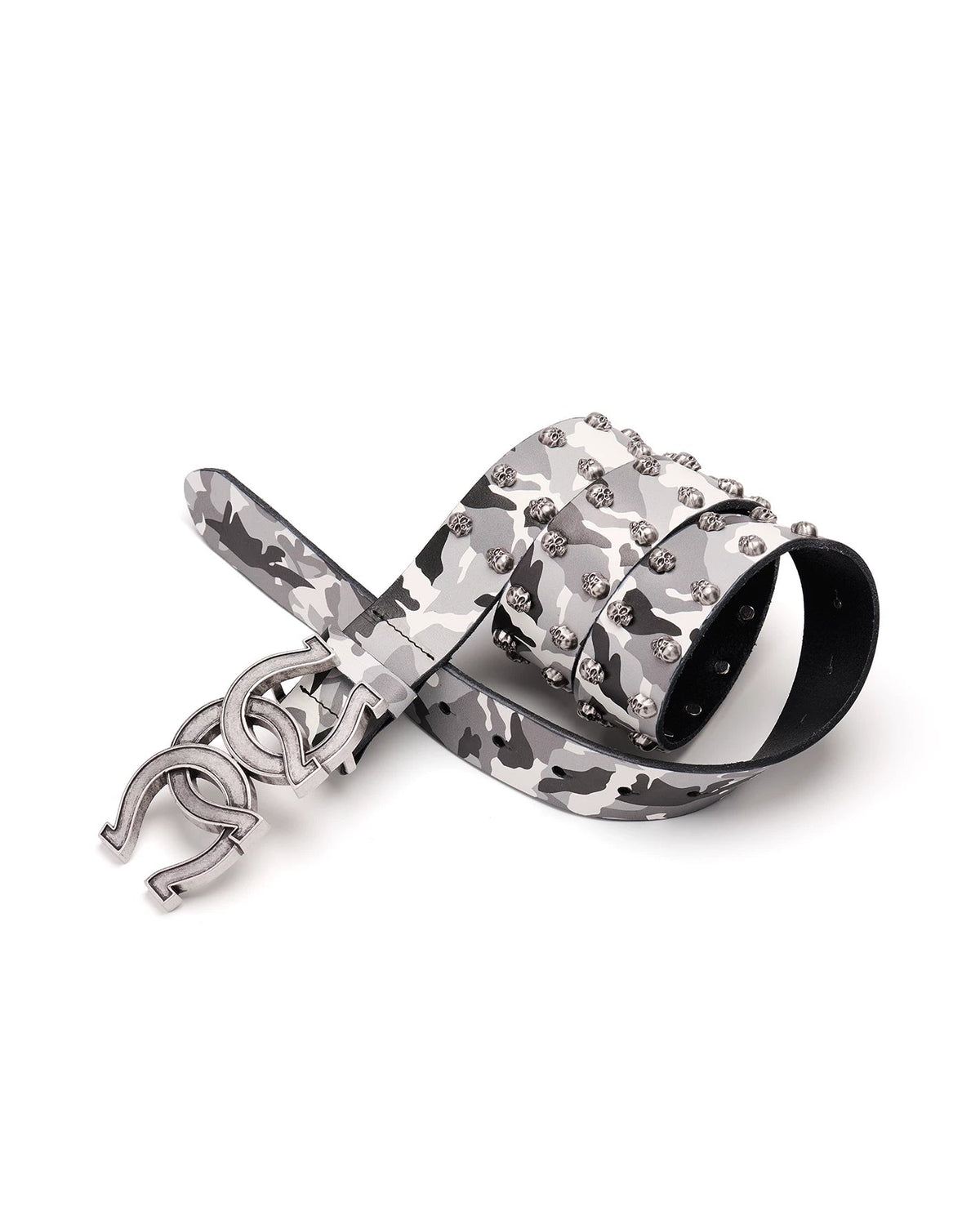 RICEWANG Triple-Ring Horseshoe Skull Antique Silver Top-Grain Leather Belt - Camo