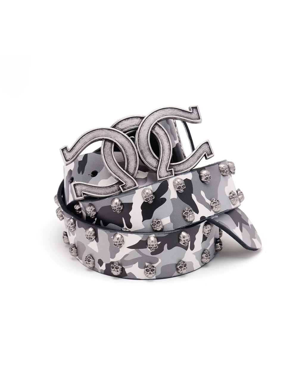 RICEWANG Triple-Ring Horseshoe Skull Antique Silver Top-Grain Leather Belt - Camo