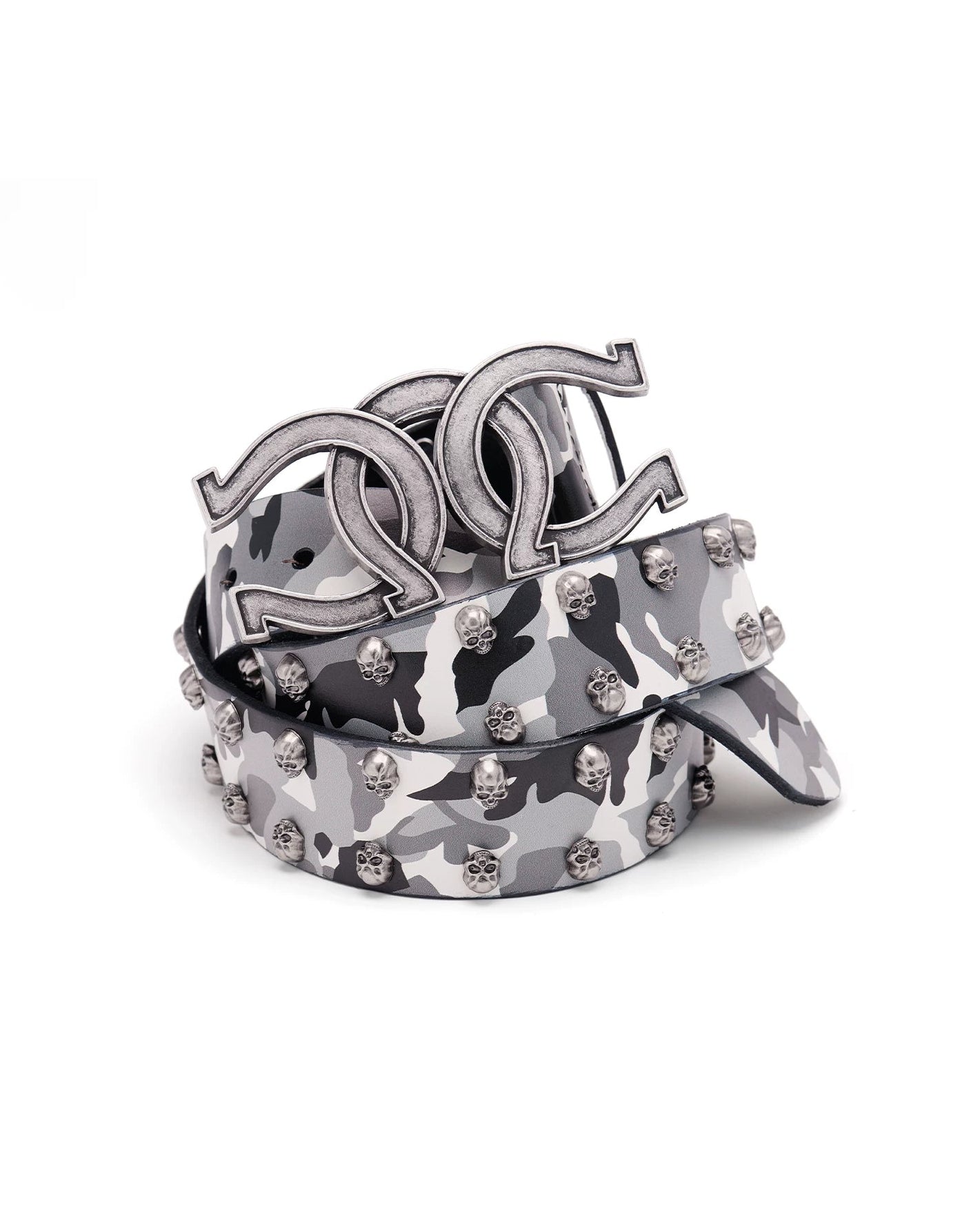 RICEWANG Triple-Ring Horseshoe Skull Antique Silver Top-Grain Leather Belt - Camo