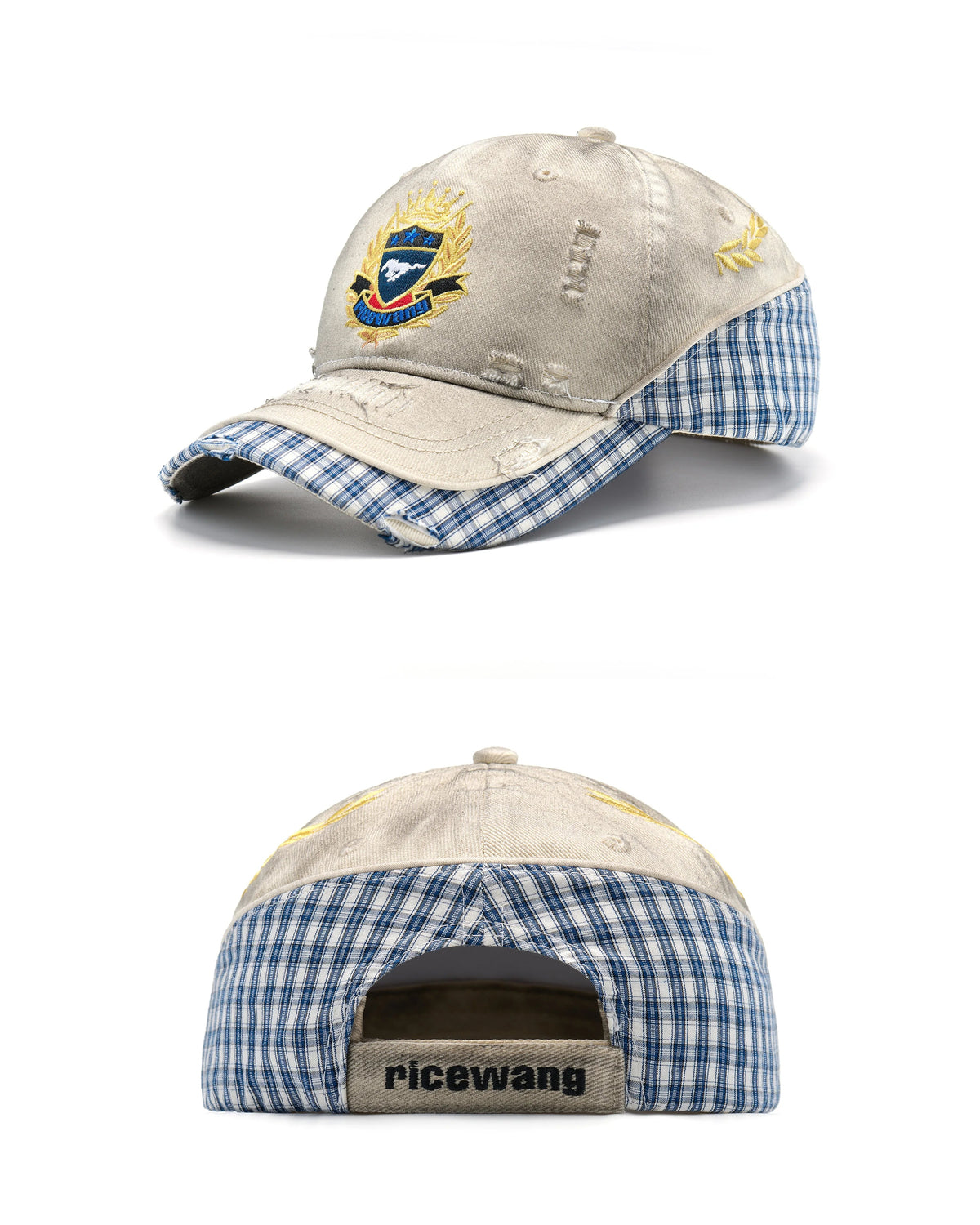 RICEWANG Double-Layer Plaid Cap - White