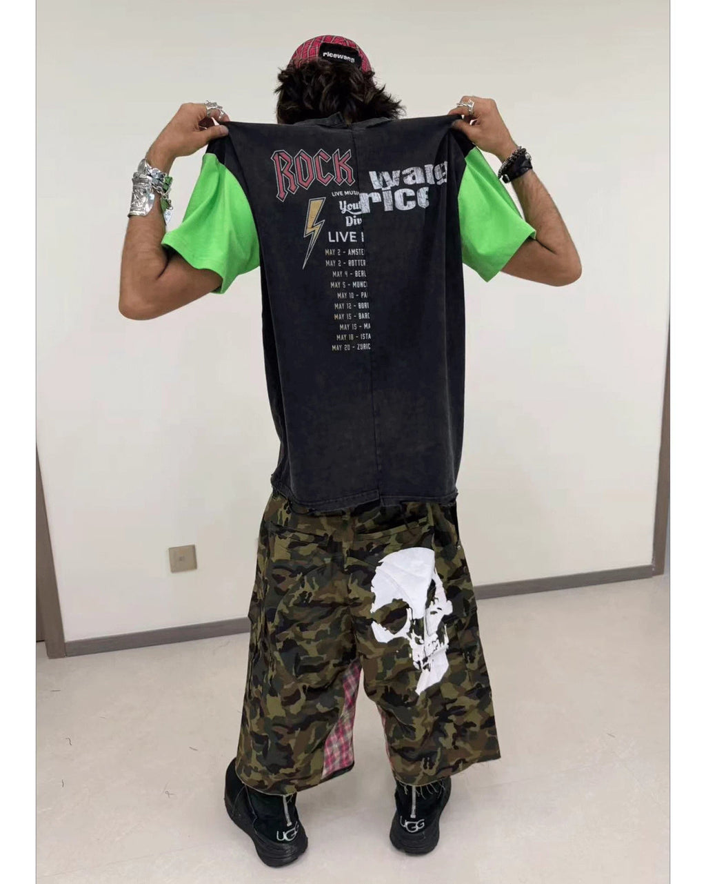 RICEWANG Camo Plaid Panel Skull 3/4 Shorts - Green