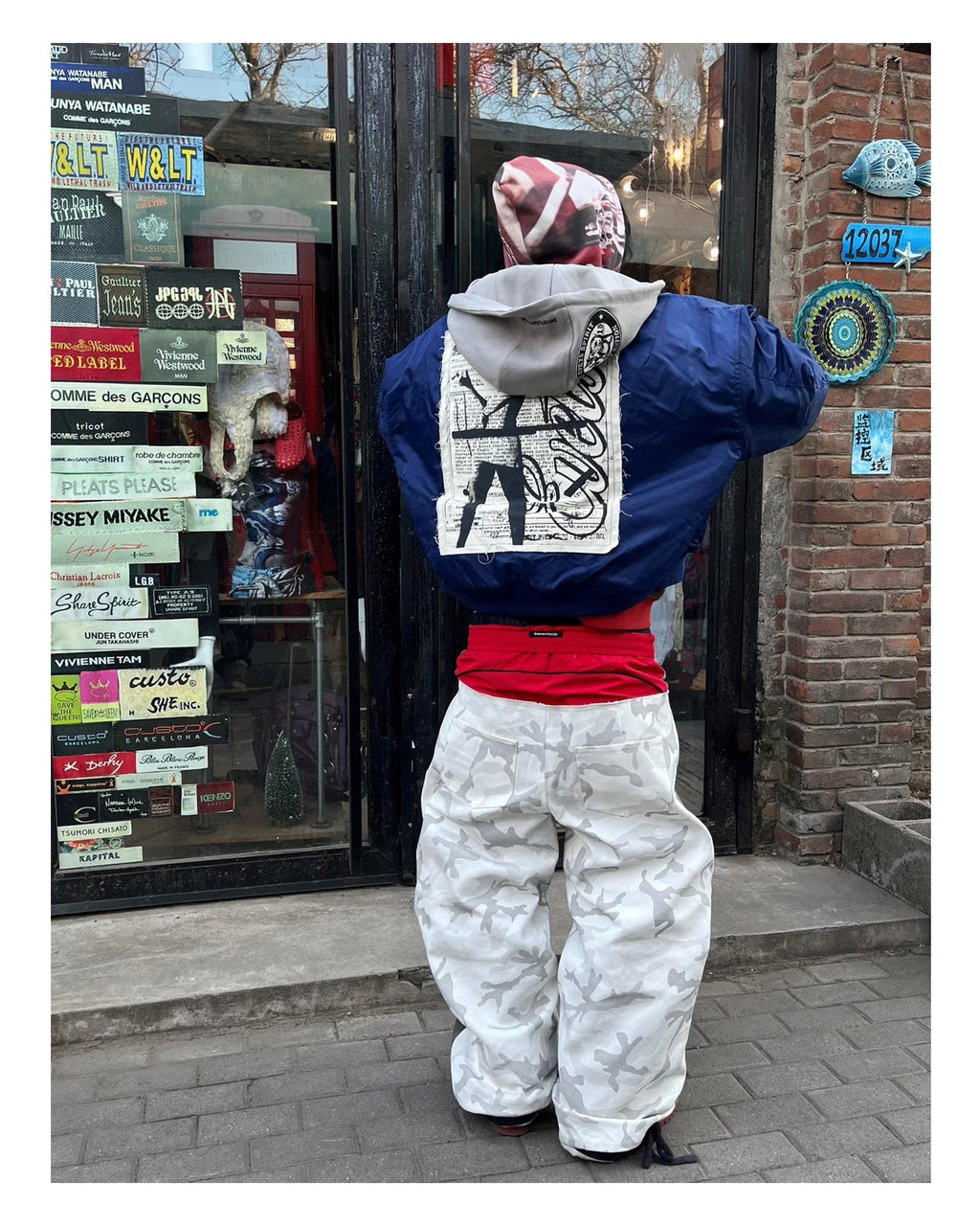 RICEWANG Red Double-Waist Camo Panel Pants