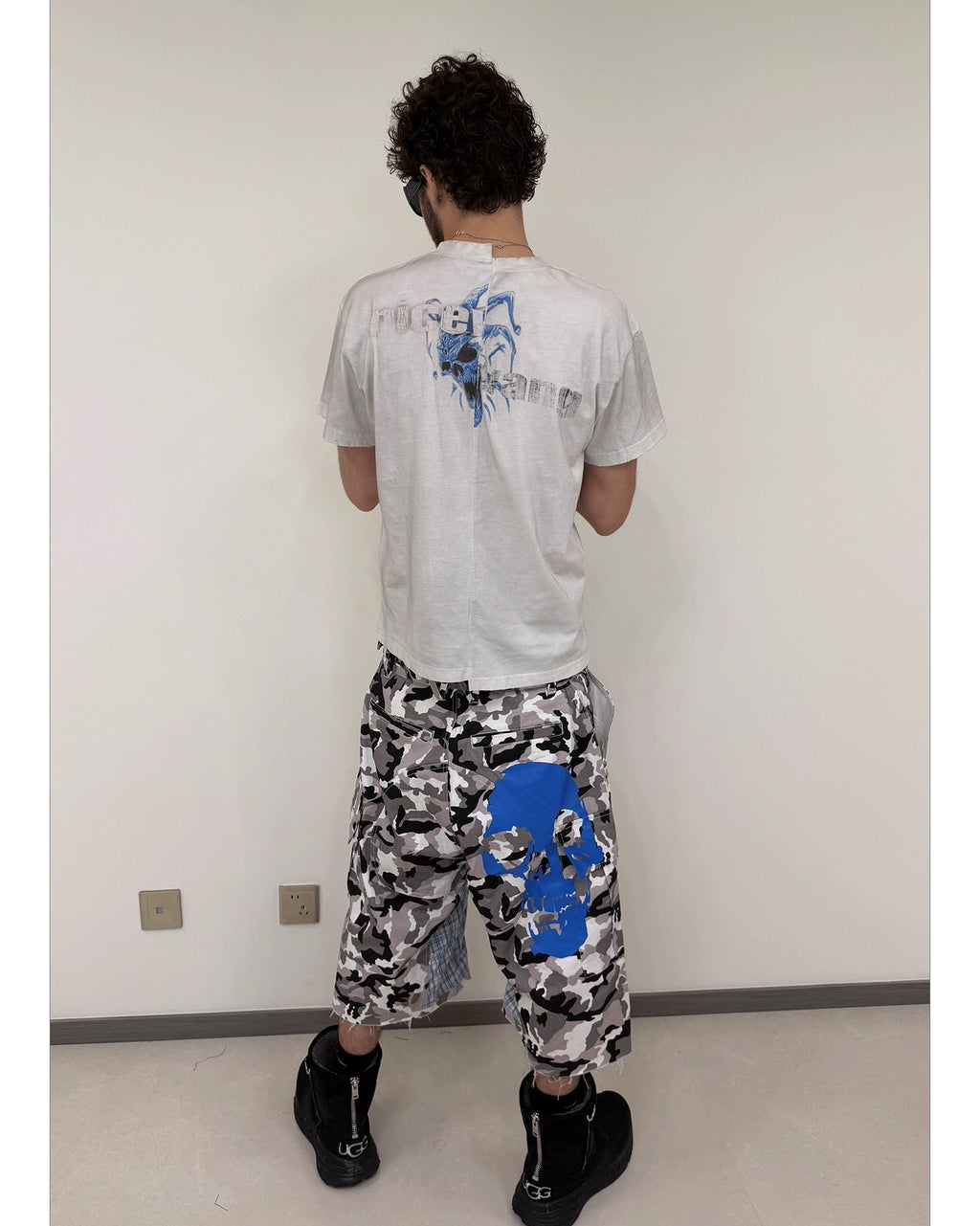 RICEWANG Camo Plaid Panel Skull 3/4 Shorts - White