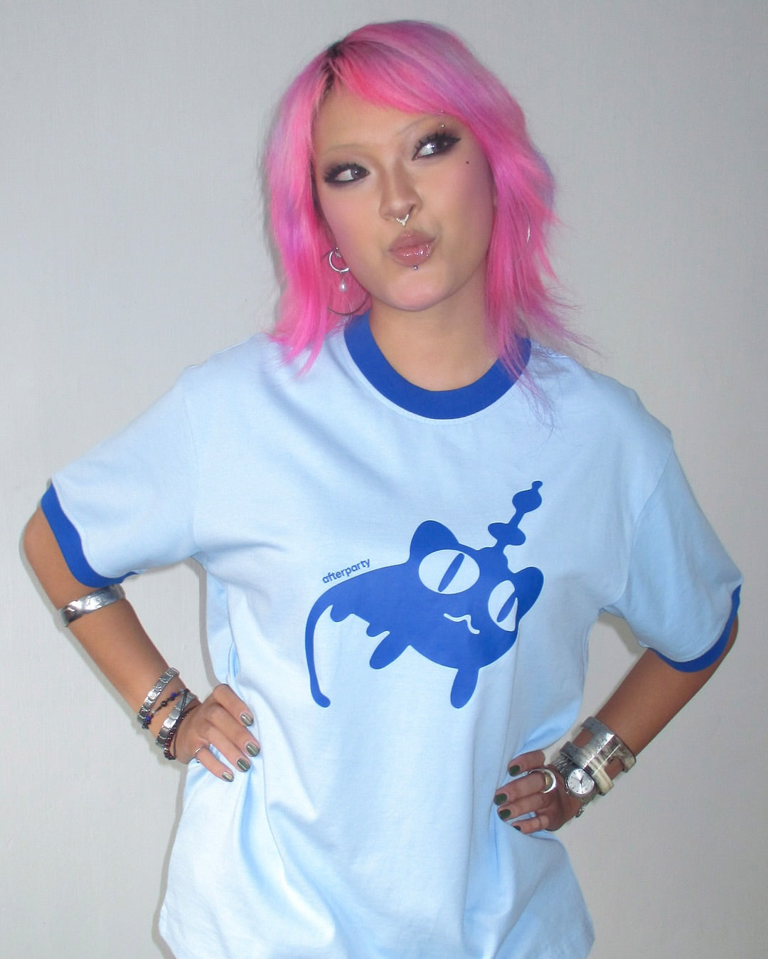 ALIEN CAT RINGER TEE - BLUE